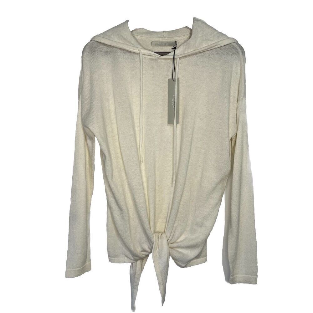 NWT One Grey Day Tie Front Sweater size XS Ivory Merino Wool Blend Hooded Top